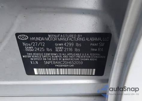 2013 Hyundai Sonata Gls z USA, uszkodzony, nr VIN 5NPEB4AC2DH652059